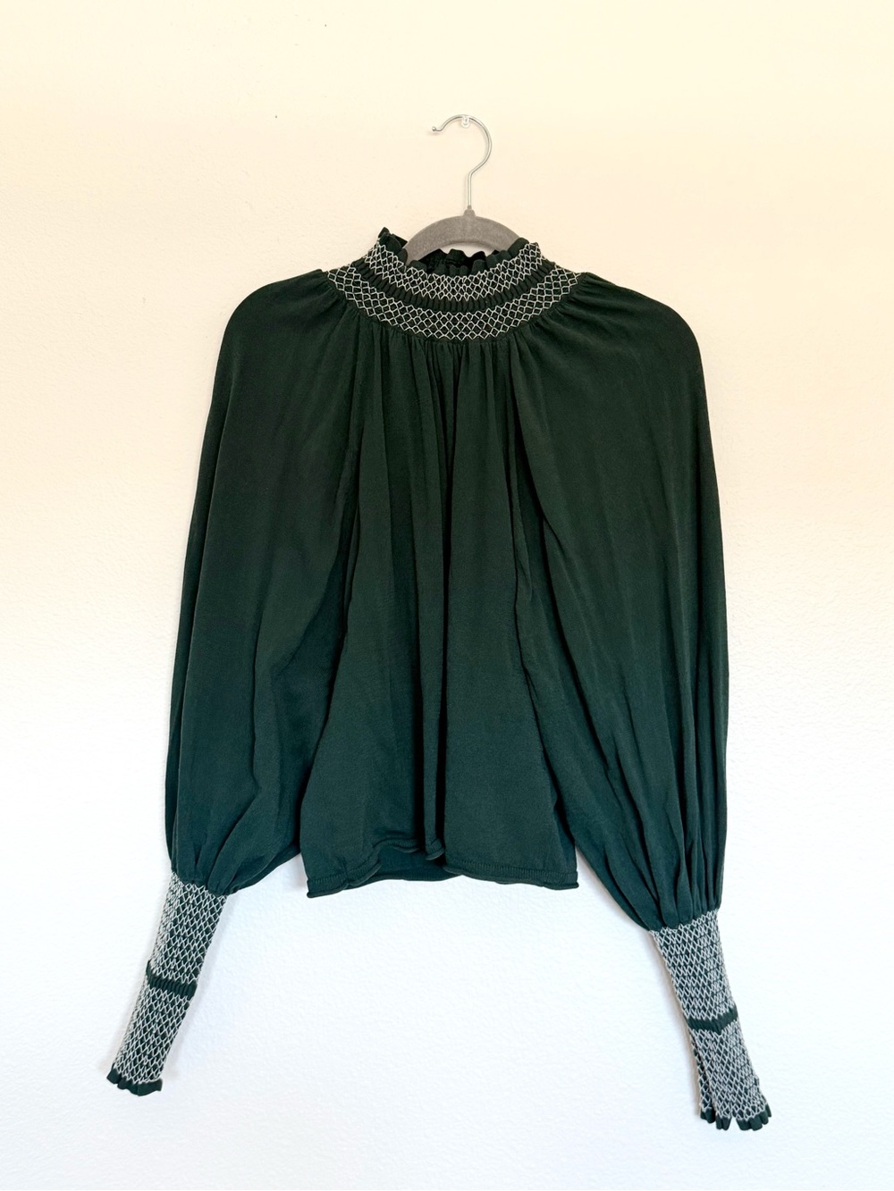 Zara Hunter Green High Neck Top Bishop Sleeves Sz S